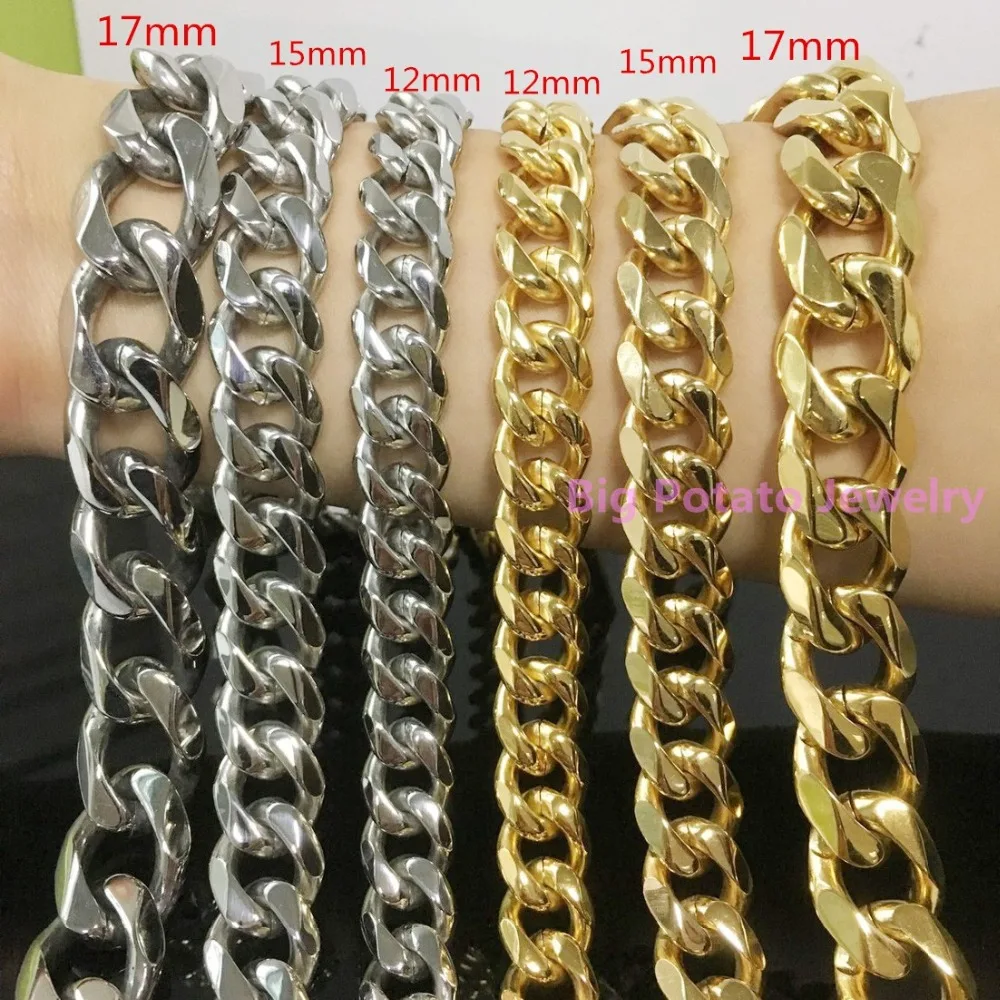 

12/15/17mm Width Charming Mens Jewelry 316 Stainless Steel Silver Gold Color Cuban Link Chain Necklace 7"-40"