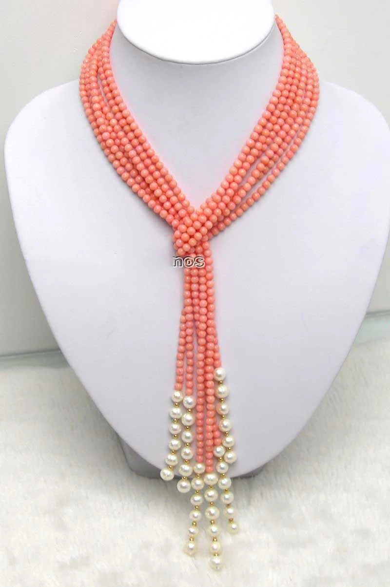 

Hot! SALE Long 45" Natural 3 Strands Pink round Coral & White Pearl Necklace-nec FGTYUF6547JK