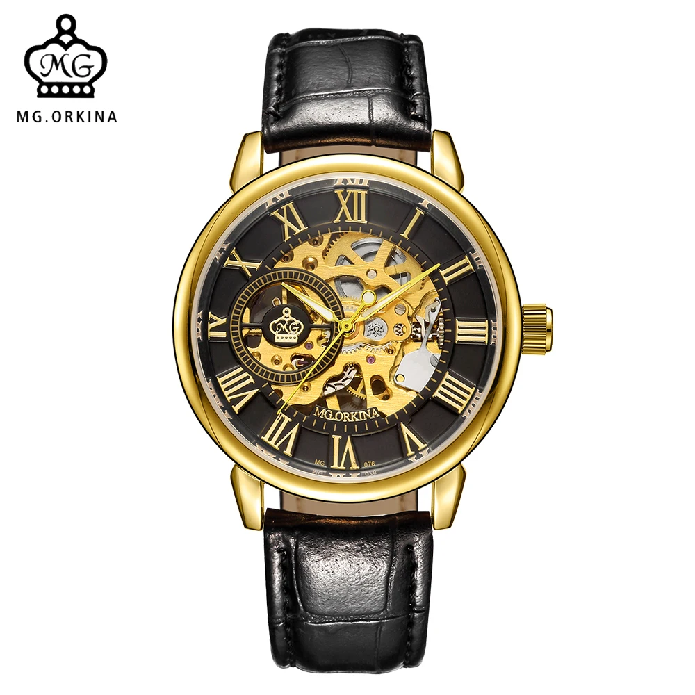 

ORKINA Male Clock Slim Case Mens Wristwatches Luxury Gold Tone Skeleton Hand-wind Mechanical Watch Steampunk Herren Armbanduhr