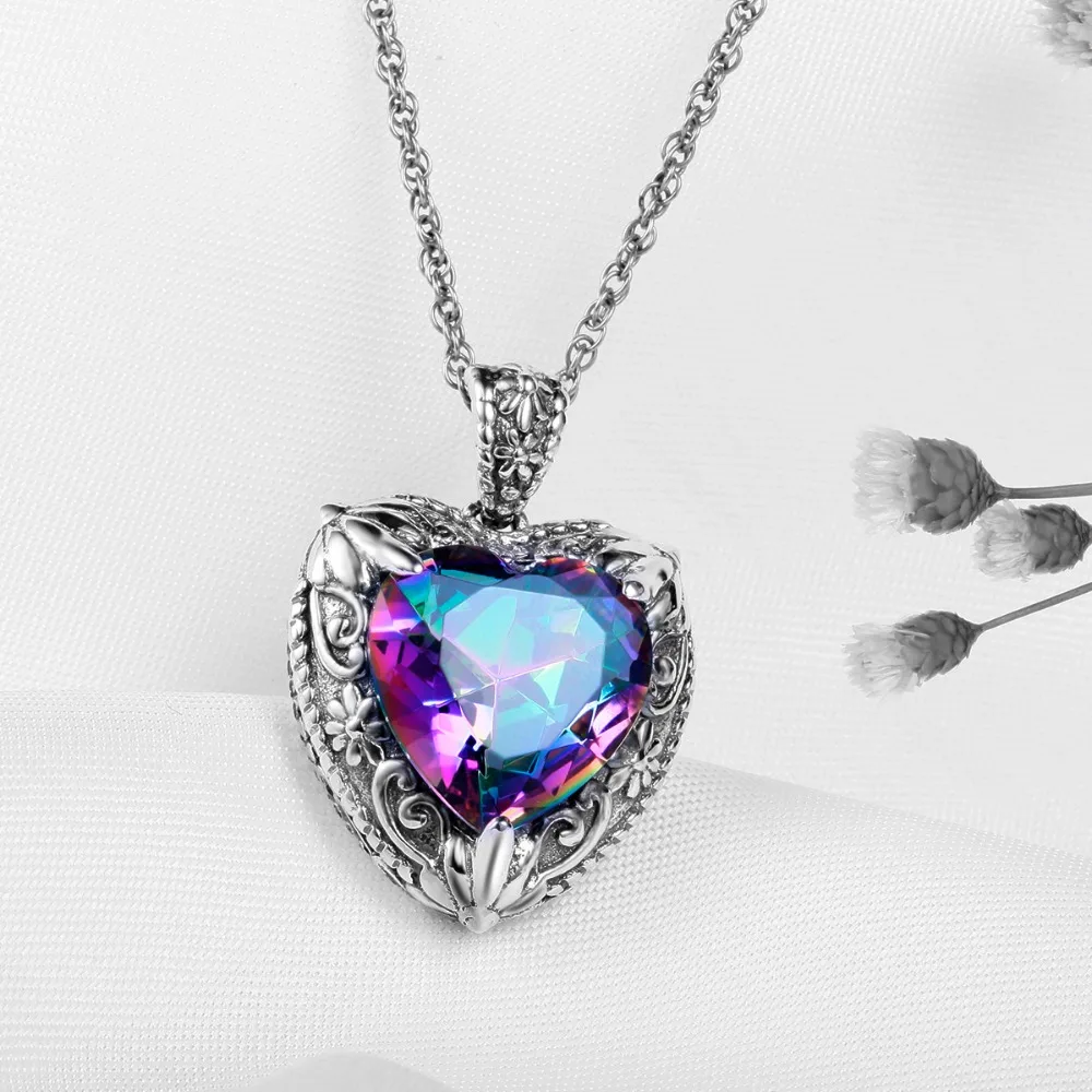 Szjinao Vintage Mystic Topaz Heart Necklace Pendant For Women Solid 925 Sterling Silver Rainbow Topaz Pendants Woman Jewelry Hot