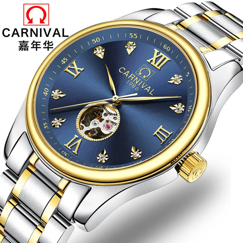 NEW Luxury Brand Diamond Switzerland CARNIVAL Automatic Mechanical Men's Watches Dual Skeleton Flywheel Waterproof Clock C8790G