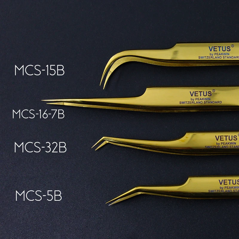 Vetus MCS-Pinzas de superprecisión para extensiones de pestañas, Color dorado, Premium, 2019, novedad, 100%