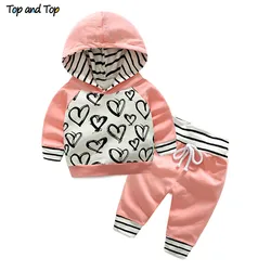 Moda superior e superior bonito infantil roupas da menina do bebê recém-nascido com capuz moletom listrado calças 2 pçs roupa de algodão conjunto de treino do bebê