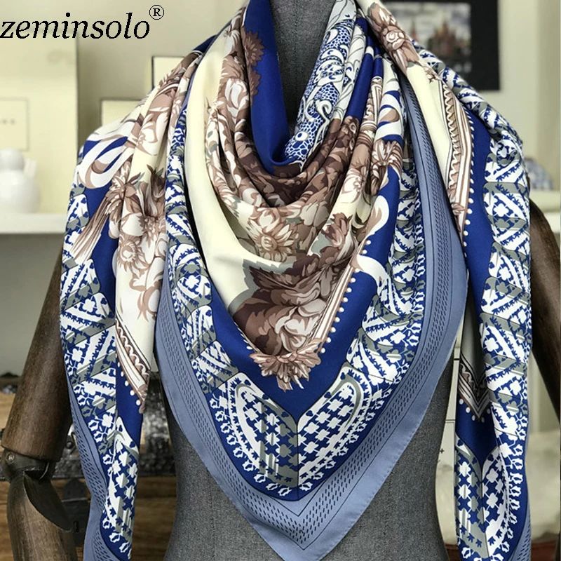 Neck Scarf Shawl Women Floral Print Bandana 100% Twill Silk Scarves Square Kerchief Foulards Femme Scarf Hijab Stole 130*130cm