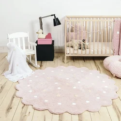 Nordic Cotton Round Rug Dots Wave Shape Floor Mat Soft Pink White Carpet Kids Playmat Bedroom Pad Kawaii Home Room Decor 120cm