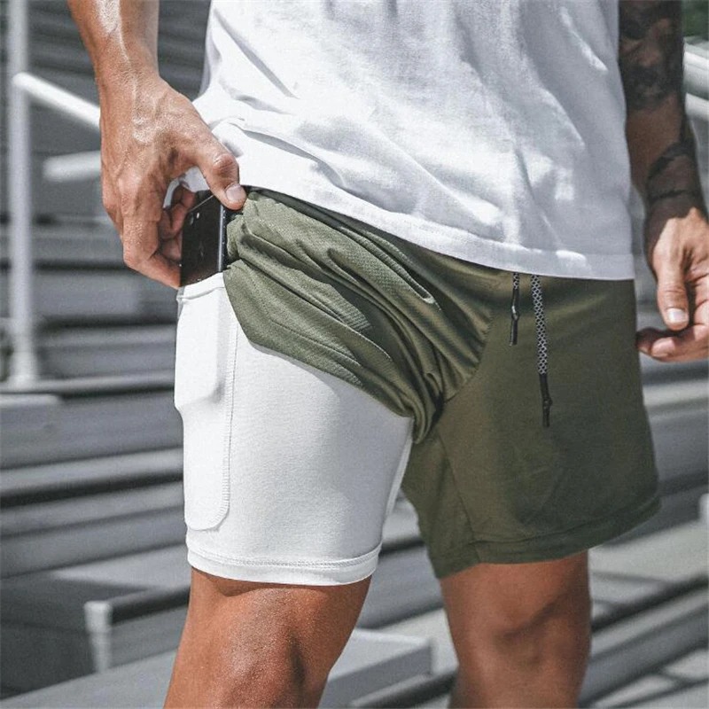 Pantalones cortos deportivos 2 en 1 para hombre, Shorts de camuflaje de secado rápido, ajustados, para entrenamiento, con bolsillos de seguridad