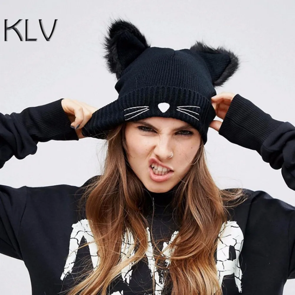 Hot Sale Cat Ears Women Hat Knitted Acrylic Warm Winter Beanie Caps Crochet Fur