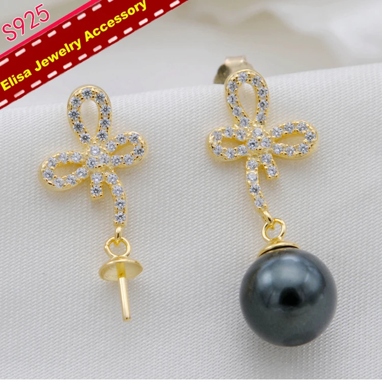 

Bowknot Design Drop Pearl Earrings Holder S925 Sterling Silver Pearl Earrings Findings Women DIY Jewelry Accessory 3Pairs/Lot