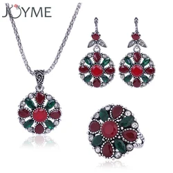 New Vintage Necklace Set Fashion Ring Earrings For Women India Jewelery Sets Red Beads Costume Jewelry Silver-Color