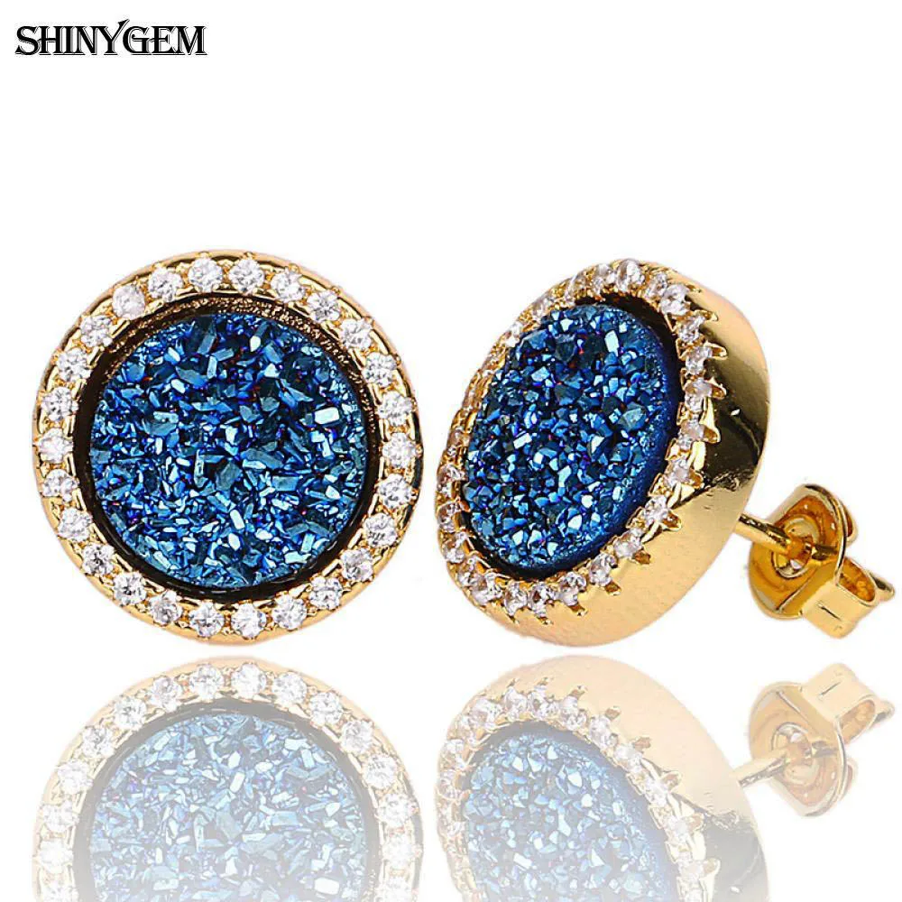 

ShinyGem Trendy 10mm Round Natural Sparkly Druzy Crystal Luxury Jewelry Gold Plating Stone Stud Earrings For Women