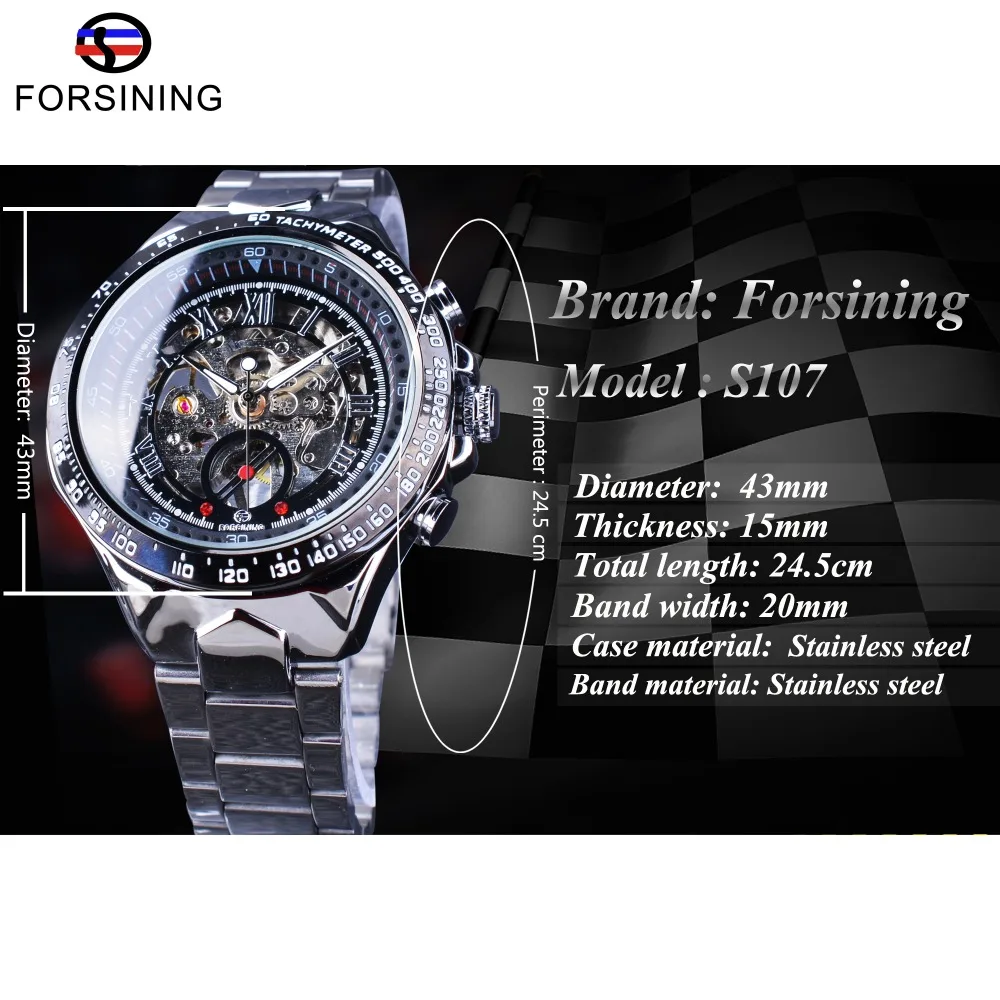 Forsining Watch + Bracelet Set Combination Transparent Silver Steel Band Mechanical Skeleton Sport Wrist Watches Men Brand Clock