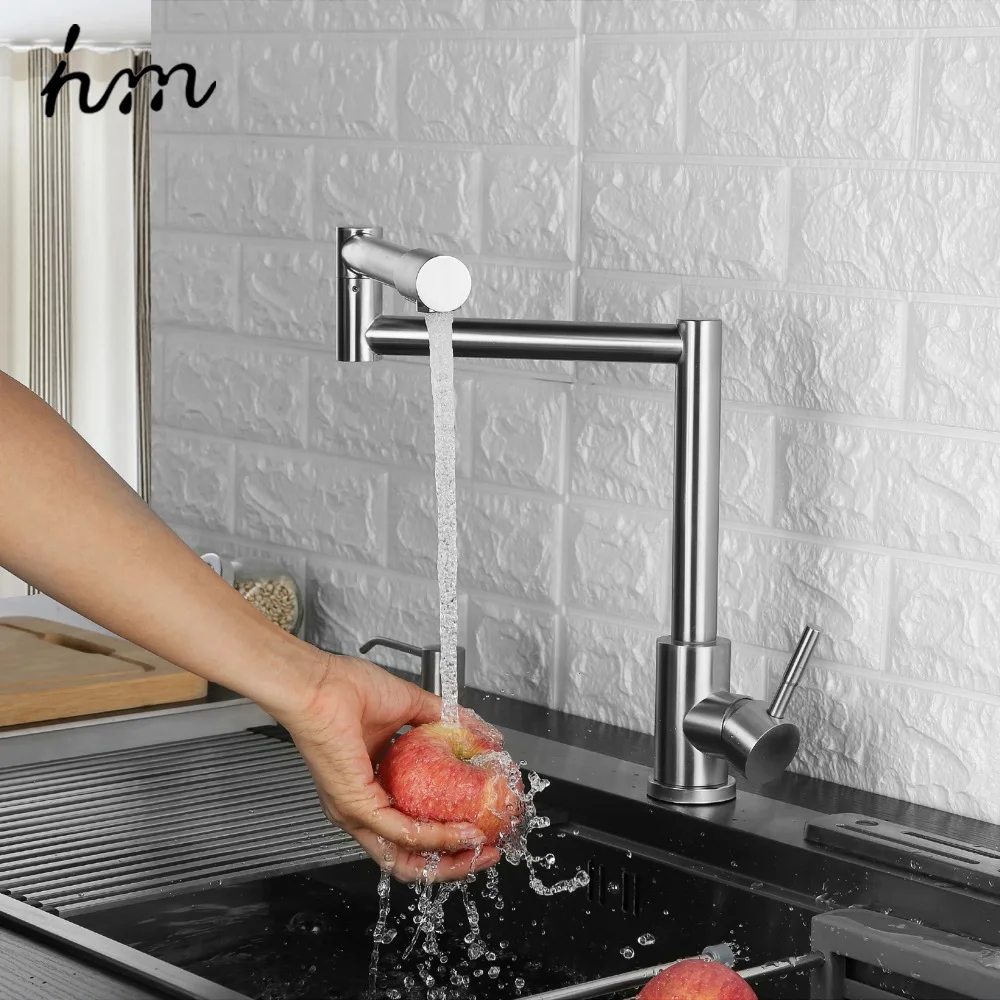 hm Folding Kitchen Faucet Stretchable Swing Arm Brushed  Single Hole Single Handle Deck Mounted Cold & Hot Kitchen Sink Faucet