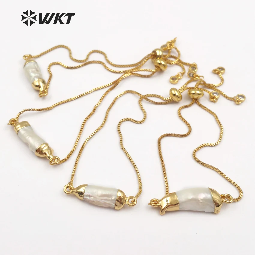 WT-B412 WKT Wholesale 10pcs/lot natural freshwater pearl bracelet random pearl charm with gold color chain elegant women jewelry