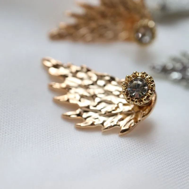 1 pair Fashion golden or silver angel wings stud earrings jackets for women Trendy floral rhinestone stud earing jewelry