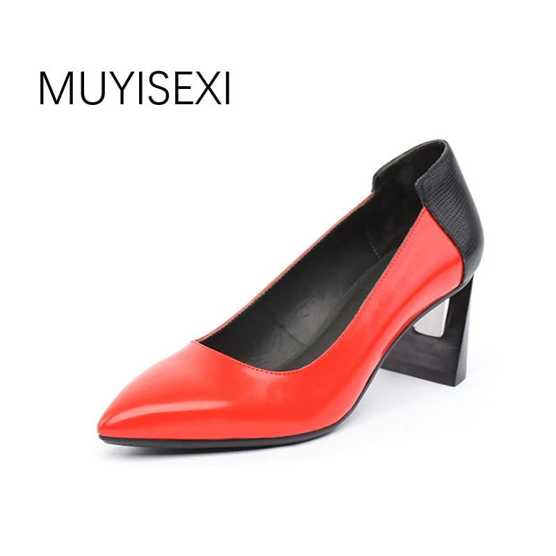 

Women Pumps Genuine Leather Pointes Toe Slip-On Strange Style Womens Shoes Heels Red Black HL80 MUYISEXI