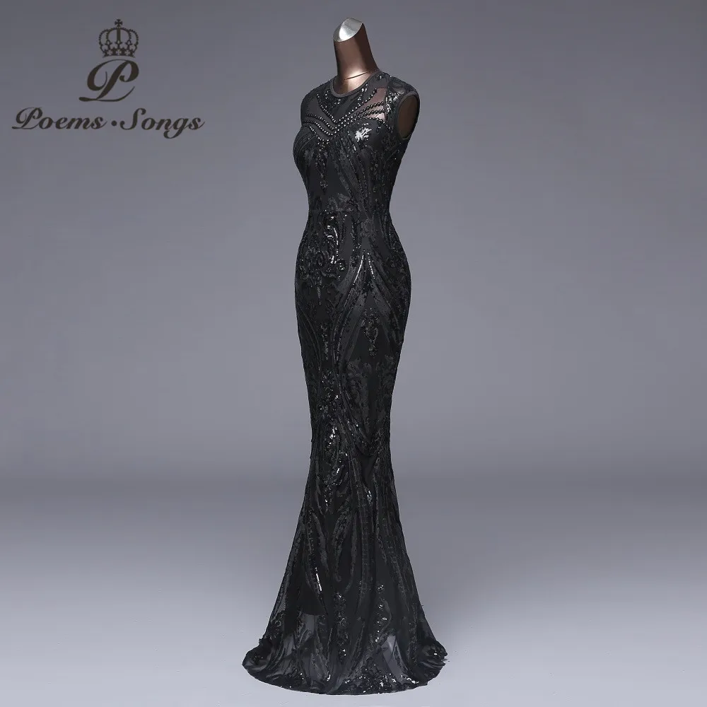 Poems songs Elegant Long black Sequin Evening Dress vestido de festa robe longue prom gowns Formal Party dress reflective dress