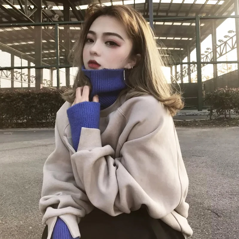 

Autumn Winter Korean Women's Clothing Runaway Harajuku Oversize Hoodies High Collar Long Sleeve Loose Top Sweatshirt Pullover