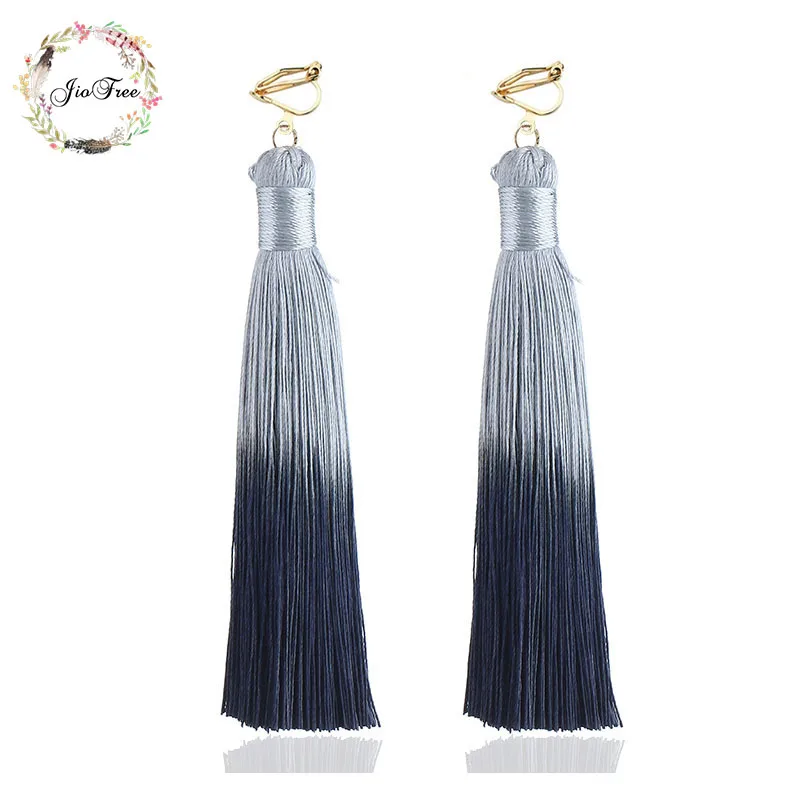 13 color New Trendy Gradient Color Long Tassel Clip on Earrings For Women handmade Thread Earring Wholesale Statement Jewelry