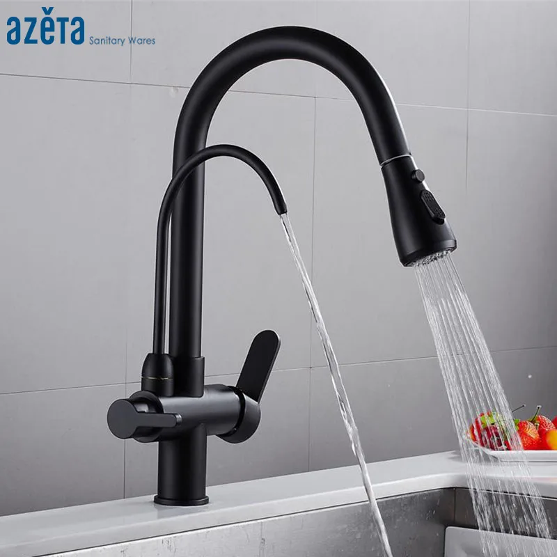 

Azeta Water Purification Kitchen Faucets Black Pull Down Kitchen 3 Ways Mixer Tap 360 Degree Rotate Kitchen Tap AT9108B