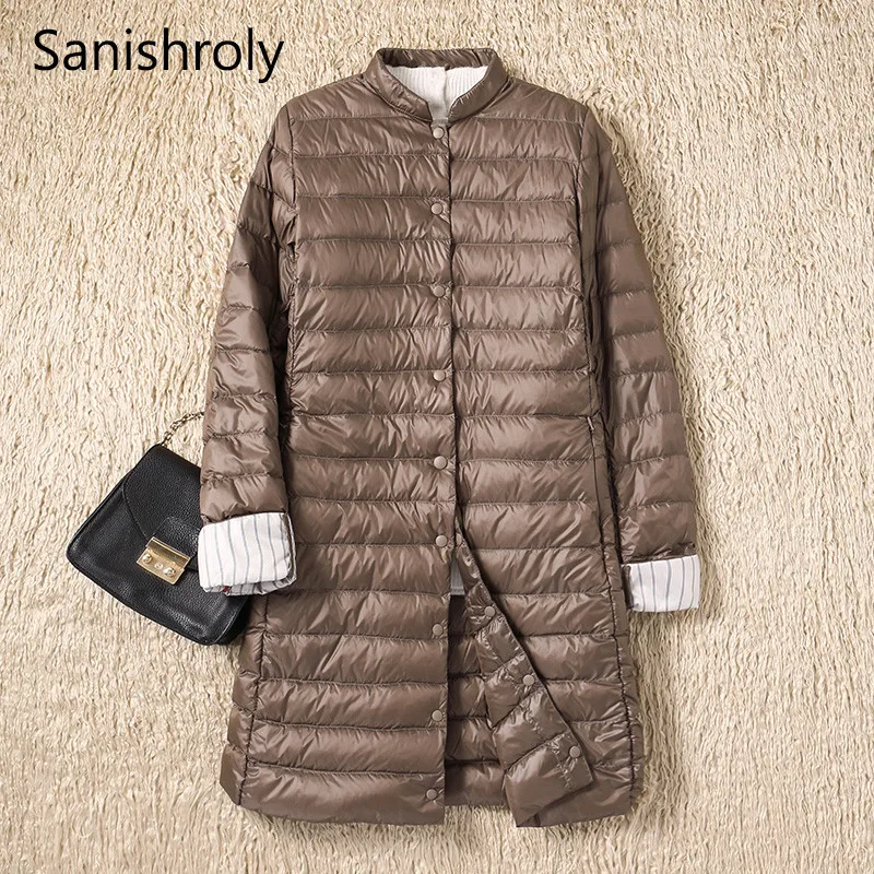 2022 Women Single-breasted Midi Long Coat Autumn Winter Ultra Light Down Coat Parka Female White Duck Down Jacket Outwears SE593