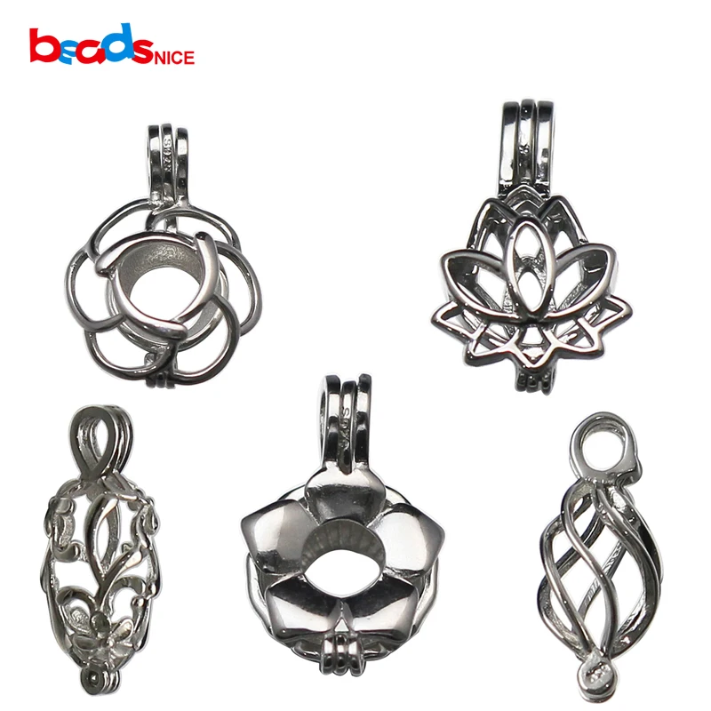 Beadsnice 925 Silver Pearl Cage Silver Lotus Flower Charm Holds a Pearl Bead Gem  Silver Necklace Making For Her ID 35918