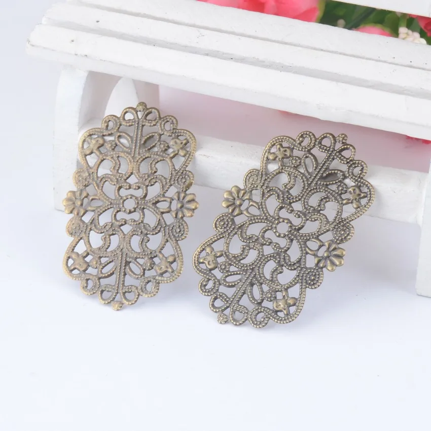 Free shipping Retail 10Pcs Bronze Tone Flowers Filigree Wraps Connectors Metal Crafts Decoration DIY Findings 50x31mm