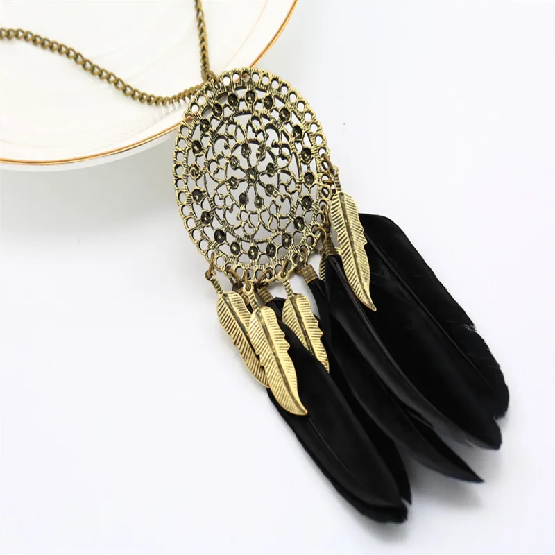 Fashion Boho Long Sweater Link Chains Vintage Feather Tassels Necklace Small Dream Catcher Pendant Necklaces Womens Jewelry