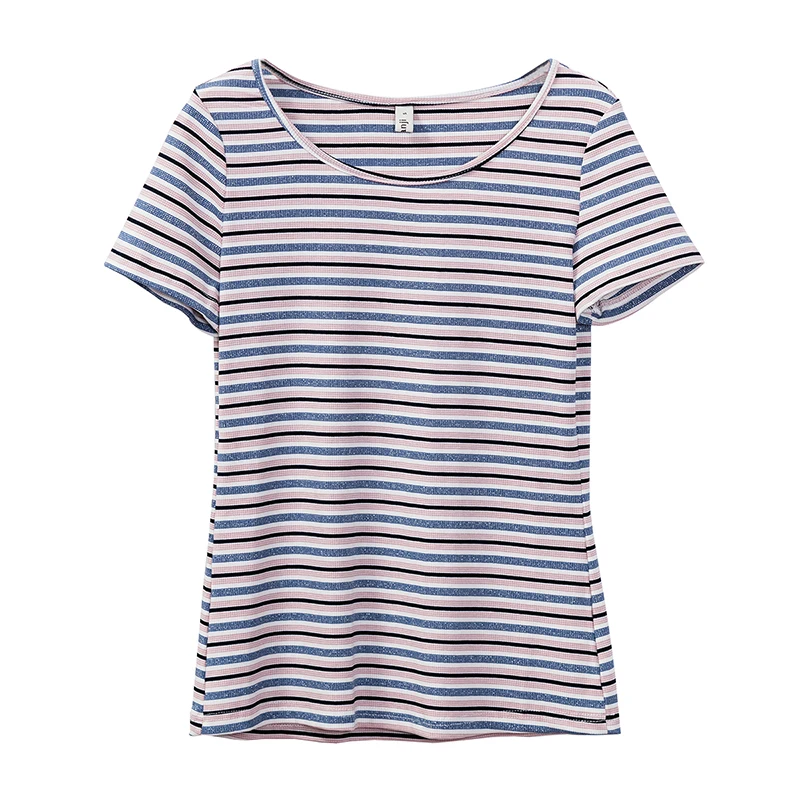Stretchy Striped Women\'s T-Shirt Casual O-Neck Short Sleeve Tee Summer Lady Top Cheap Woman Clothing
