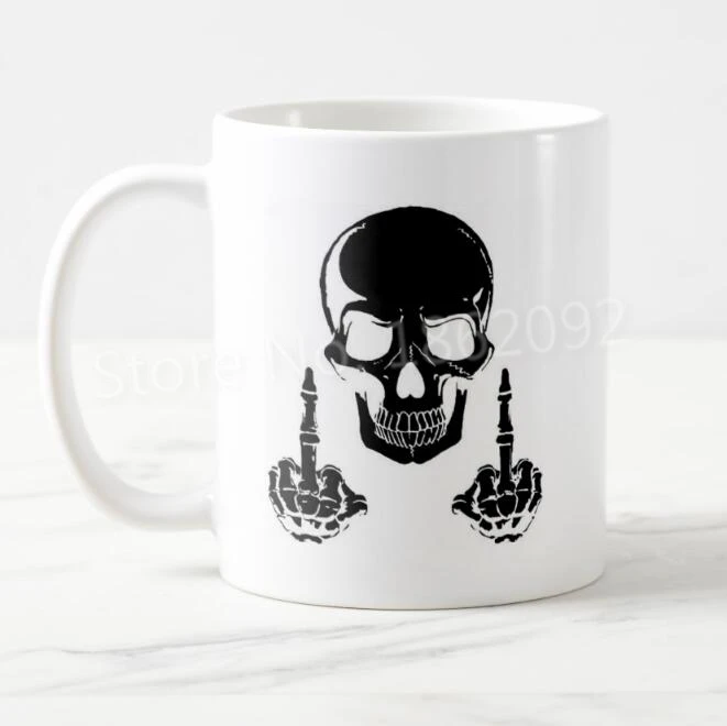 Novelty Funny Skull Middle Finger Coffee Mug White Ceramic Skull Mug Joke Tea Milk Beer Whisky Cups Humor Drinking Gifts 11oz