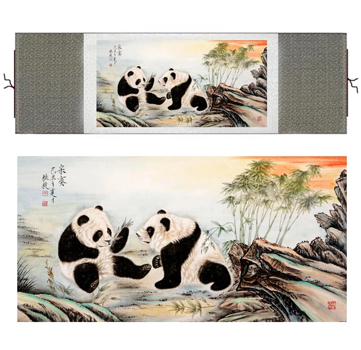 Panda painting    traditional Chinese Art Painting silk scroll panda art painting  panda picture