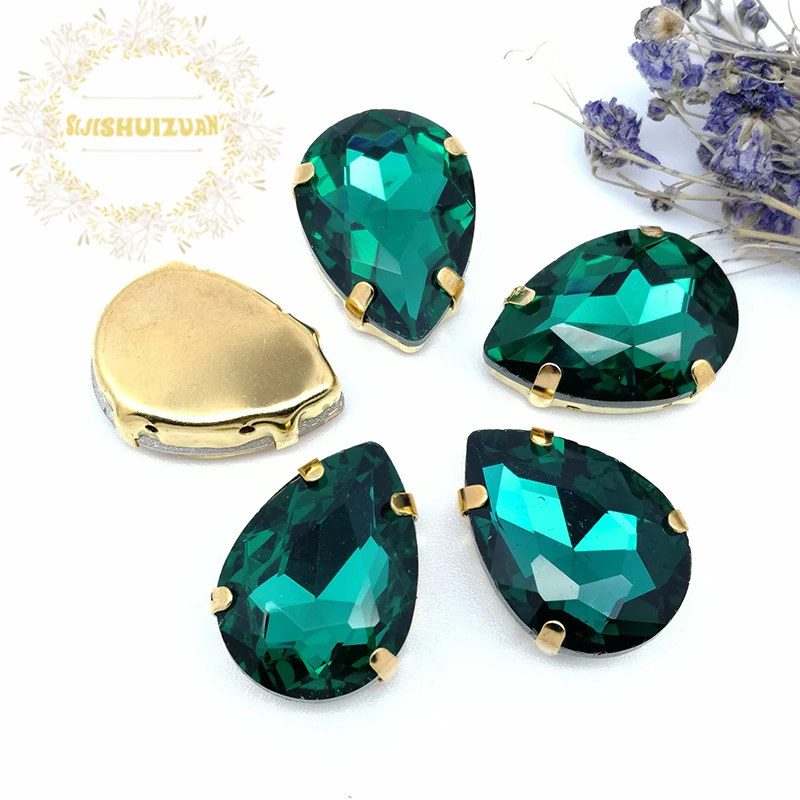 Malachite Green Color Water Drop Shape Glass Crystal Sew On Rhinestones With Gold Bottom Four Claw Diy Clothing Shoes