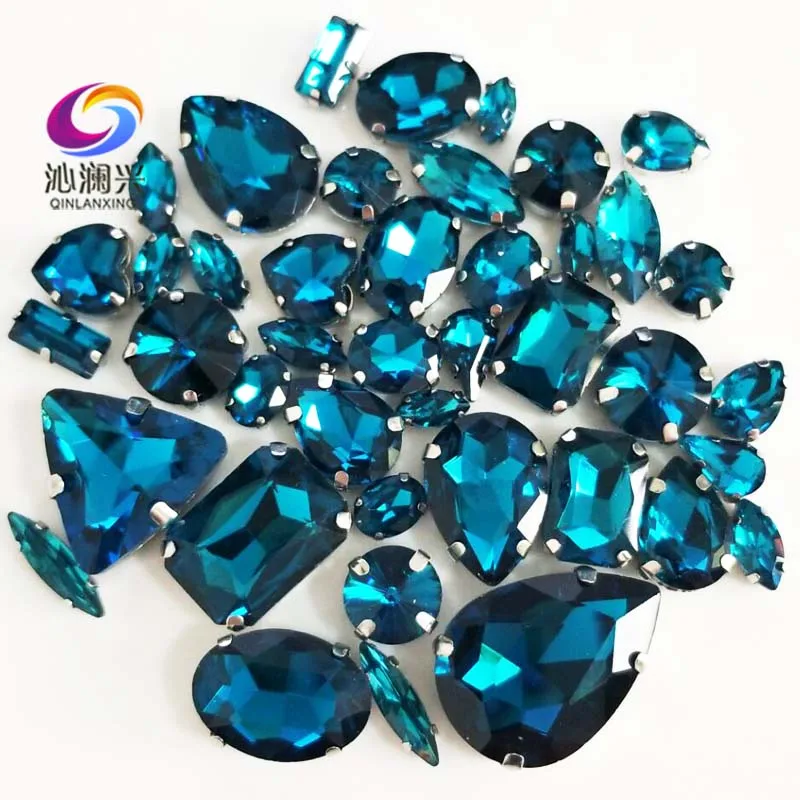 Mixed 68pcs Peacock Blue Top Glass Crystal Rhinestones, Shiny Sew on Stones, Used for Needlework, Diy/Clothing Accessories