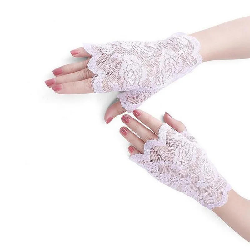 Guantes de encaje cortos sin dedos para mujer, protección solar, estampado de flores rosas, etiqueta, L18