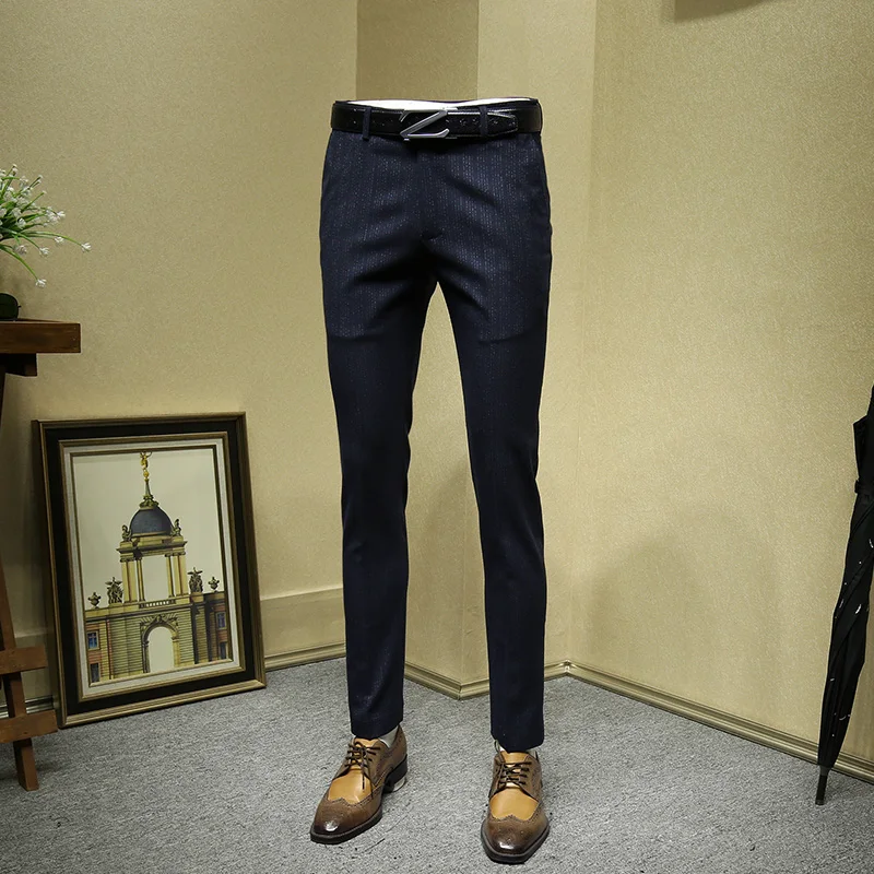 mens dress pants deep blue stripped formal business slim fit Korean style office man pant wedding groom wear plus size 36