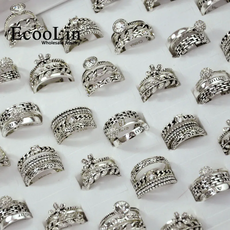 15 Pieces = 5 Sets New 3 in 1 Zircon Ancient Silver Color Rings Set For Women Wholesale Jewelry Bulks Lot Free Shipping LR4044