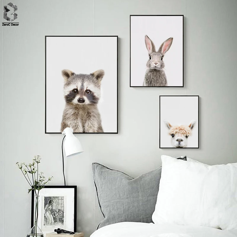 

Nordic Racoon Bangs Canvas Art Prints and Posters Decorative, Wall Art Bunny Paintings Picture for Kids Bedroom Home Decor