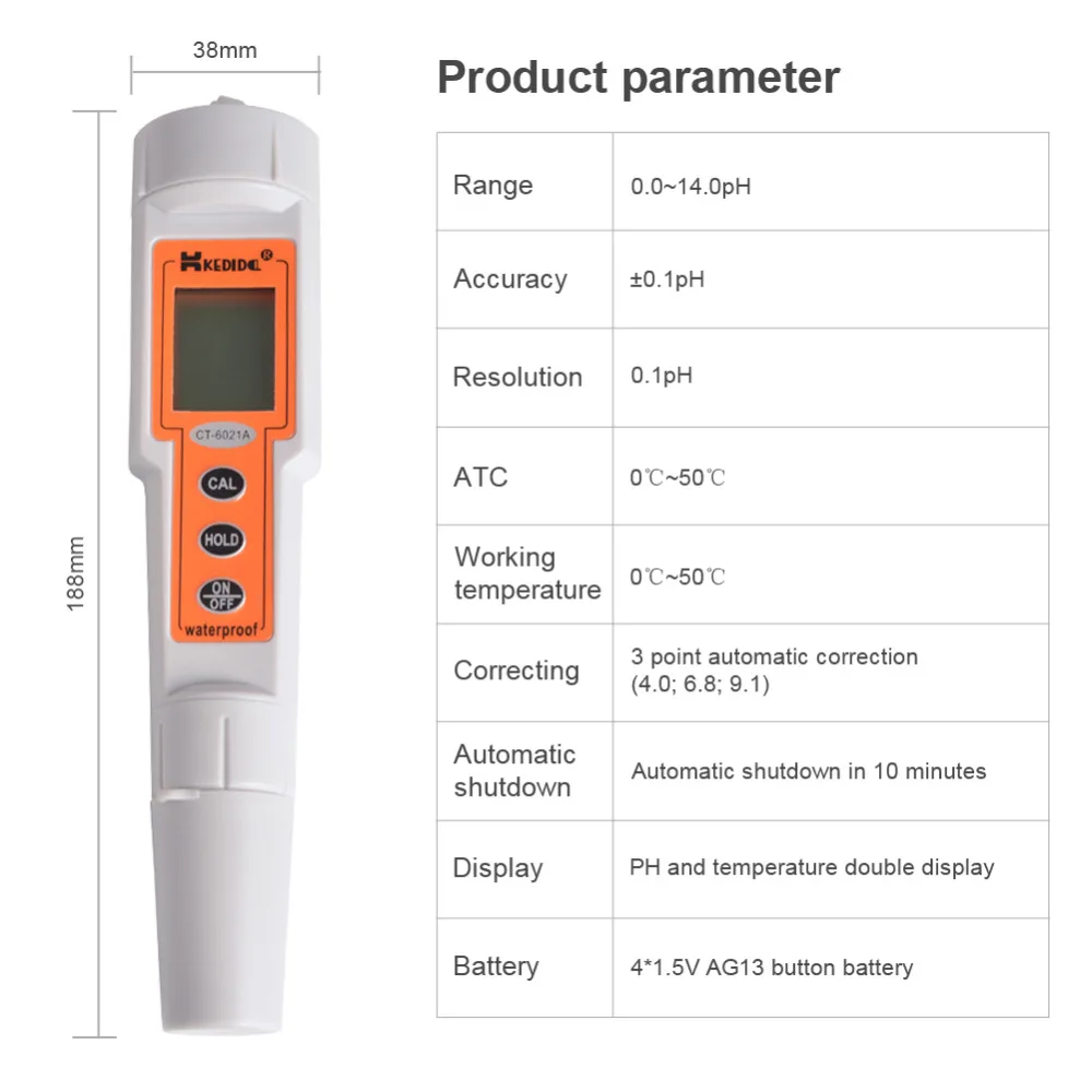 Imagem -03 - Medidor de ph da Água para Aquário Portátil Profissional Digital à Prova Dágua Qualidade de ph da Água Testador de ph