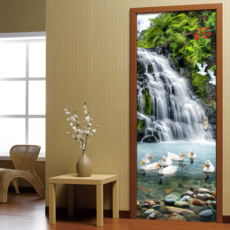 3D Waterfall Landscape Door Sticker Living Room Bedroom Home Decor Wallpaper PVC Self-Adhesive Waterproof Door Decal  3 D Murals