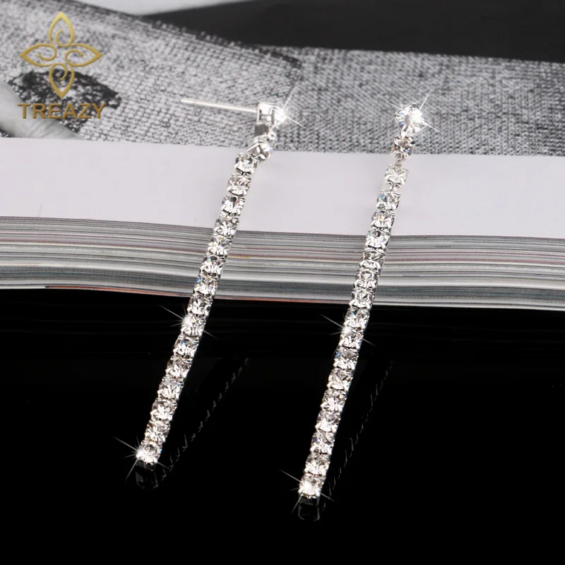 TREAZY Simple Style Crystal Bridal Long Strip Earrings Gold Color Rhinestone Dangle Earrings For Women Wedding Jewelry Gifts