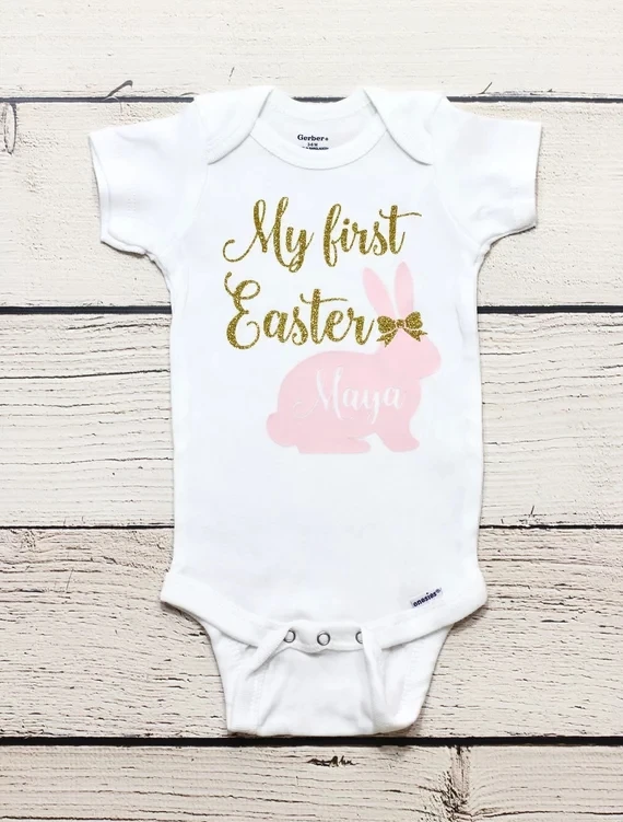 csutomize name glitter My first Easter bunny baby shower take home outfit bodysuit onepiece romper  kids t shirts birthday tees