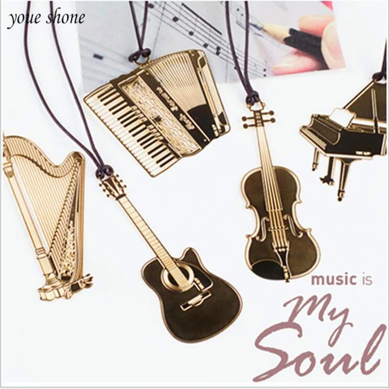 1PCS Music Equipment Modeling Book Mark Exquisite Musical Instrument Metal Gilded Lanyard Creative Bookmark