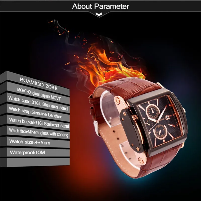 BOAMIGO Men Quartz Watch Fashion Casual Sport Watch Rose Gold Waterproof Cock Leather Male Casual Wristwatches relogio masculino