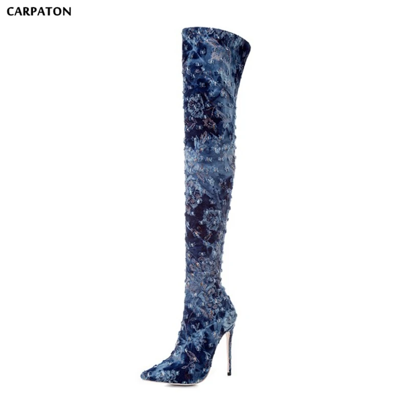 

Carpaton 2019 Newest Women Rome Denim Leather High Over-the-knee boots Pointed Toe Patchwork Design Fashion girl favorite model