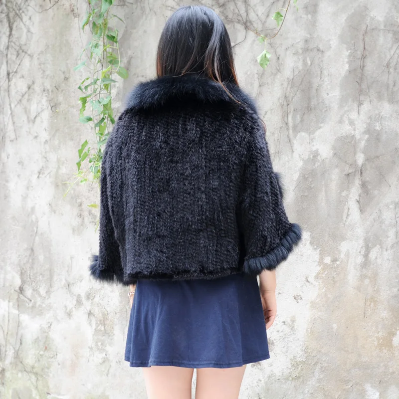 CX-B-M-41 Winter Women Cape Knitted Real Mink Fur Shawl with Fox Fur Trim