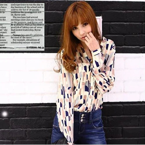 30% OFF!!!New style Women Geometric print chiffon long sleeve shirts for summer autumn female blouses S,M,L, free shipping