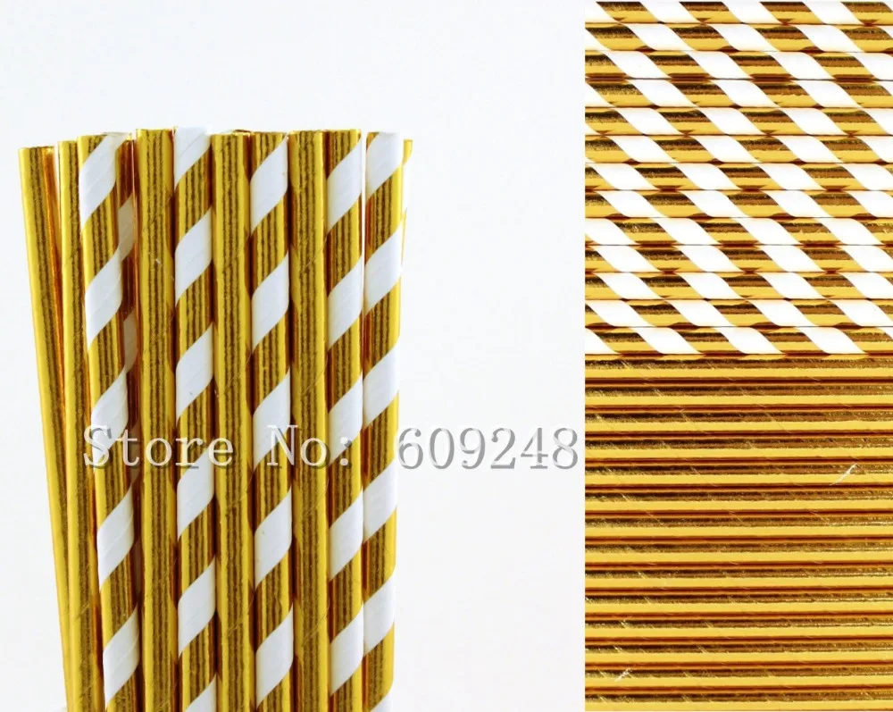 100 Pcs Metallic Gold Foil Striped and Plain Drinking Paper Straws Mix,Christmas Wedding Party Hollywood Holiday Bridal Shower