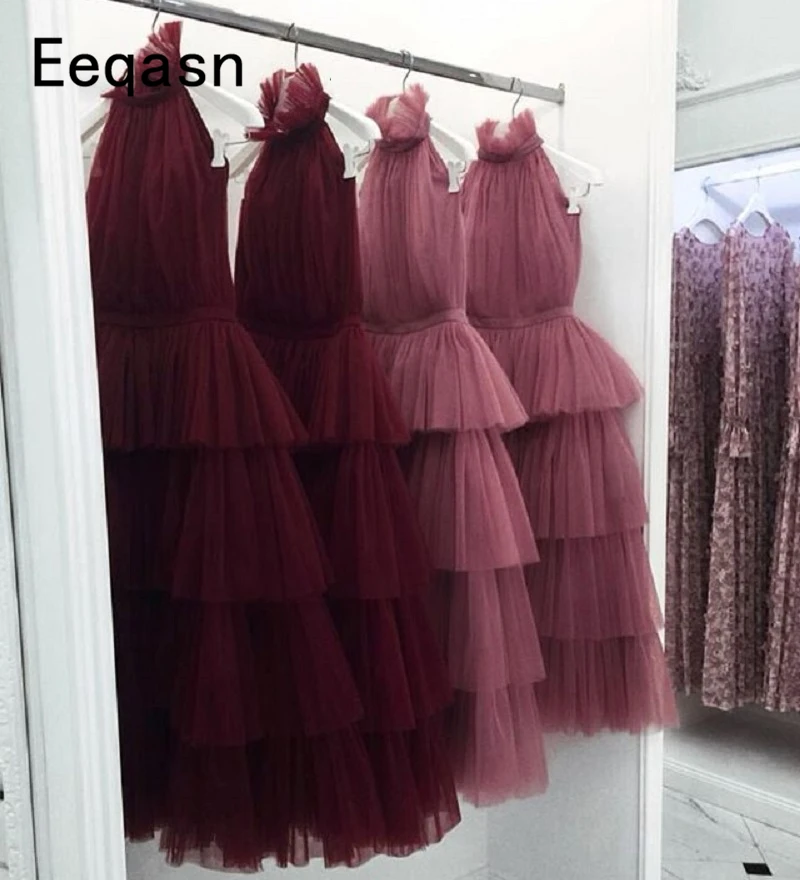 Customized Tiered Tulle Prom Dresses White Pink Black Saudi Arabic Tea Length Elegant Women Formal Party Gown vestido Gala