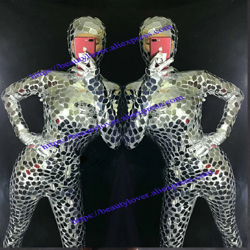 Seksowne kobiety srebrne lustro body dj występ na scenie nosi stroje bar kombinezon robot kostium taneczny