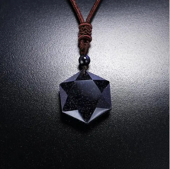 Suspension Planet Blue Sandstone Star Hexagram Leather Chain Pendants Necklace For Womem  Dropshipping