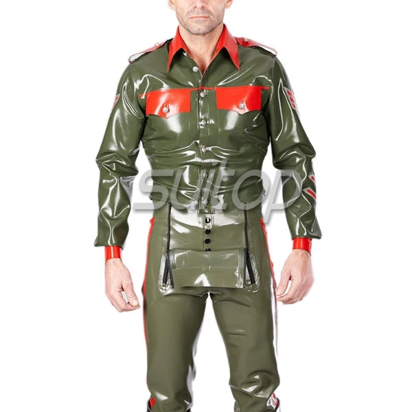 mens latex uniform top latex army man coat shirt